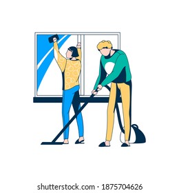 Family couple cleaning house together. People doing housework together. Woman washing window, man vacuuming floor. Household activity, daily routine, housekeeping concept vector illustration