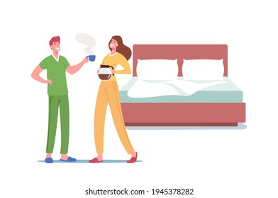 Family Couple with Coffee at Morning. Male and Female Characters Wearing Home Clothes, Comfortable Pajamas or Nightwear and Slippers Made of Natural Materials. Cartoon People Vector Illustration