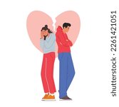 Family Couple In Conflict Relationships, Emotional Turmoil, Misunderstandings Concept with Anxious Male and Female Characters with Broken Heart Stand Back to Back. Cartoon People Vector Illustration