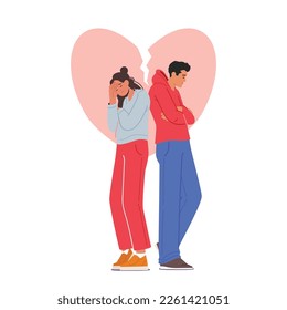 Family Couple In Conflict Relationships, Emotional Turmoil, Misunderstandings Concept with Anxious Male and Female Characters with Broken Heart Stand Back to Back. Cartoon People Vector Illustration