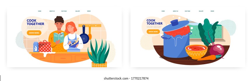 Family couple cooking together in the kitchen. Cook at home, vegetables, recipe. Concept illustration. Vector web site design template. Landing page website illustration