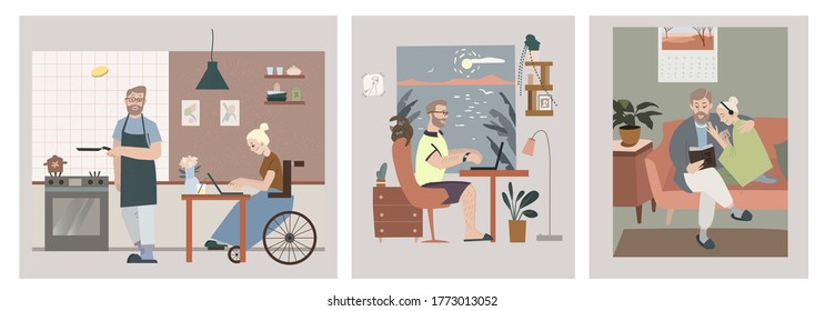 Family couple in cozy home interior vector illustration set. Husband and disabled wife at kitchen. Man working at home. Married people relaxing at sofa. Real life concept. Pictures for cards, banners.