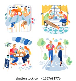 Family couple daily routine and digital gadget addiction scene set. Vector man and woman rest in bed, eat morning breakfast at home, have snack in cafe, walk on city street and use smartphone