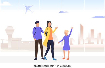 Family couple with daughter waiting their boarding in airport. Girl, terminal, tourist. Family travelling concept. Vector illustration can be used for topics like journey, transport, tourism