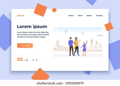Family couple with daughter waiting their boarding in airport. Girl, terminal, tourist. Family travelling concept. Vector illustration can be used for topics like journey, transport, tourism