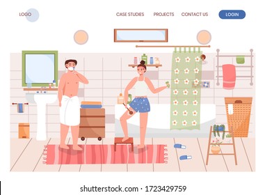 Family couple do morning hygiene routine together in bathroom. Man shaving, girl scrubbing skin. Concept illustration. Vector web site design template. Landing page website