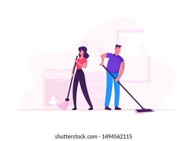 Family Couple Doing Household Housekeeping Activity and Everyday Routine of Home Duties and Chores. Male and Female Characters Cleaning House, Mopping Washing Floor. Cartoon Flat Vector Illustration