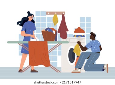 Pareja familiar haciendo tareas domésticas juntas. Joven y mujer limpian el lío en la casa. El marido y la mujer sonrientes lavan la ropa y planchan. Haciendo tareas domésticas. Dibujo vectorial plano de dibujos animados