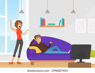 Family Couple Fighting and Arguing, Conflict Between Husband and Wife, Human Relations, Family Quarrel Vector Illustration