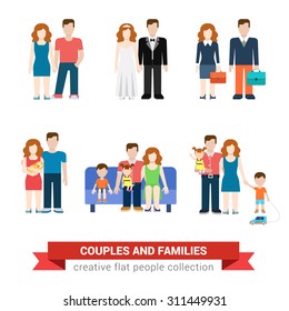 Family couple flat style people newlyweds parenting parents children kids son daughter wife husband boy girl infant infographics user interface profile icons set isolated illustration collection