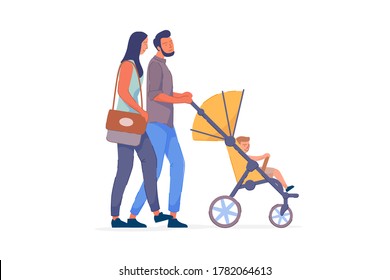 Family couple. Happy family wife and husband couple strolling toddler baby in pram isolated on white background. Quality free time and family weekend vector illustration. People character on walk