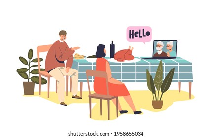 Family Couple Has Thanksgiving Holiday Dinner Chat Online Via Video Call Grandparents. Web Meeting For Traditional Celebration Events Concept. Cartoon Flat Vector Illustration