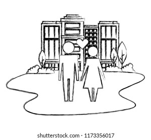 family couple with heart in cityscape isolated icon
