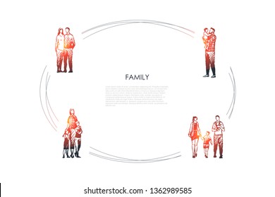 Family - couple hugging each other, father holding son on hands, family walking together vector concept set. Hand drawn sketch isolated illustration