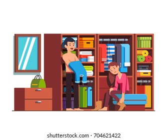 Family Couple Husband & Wife Getting Dressed Together At Home Wardrobe. Man Putting On Clothes, Woman Taking Off Boots. Dressing Room With Big Full Closet. Flat Vector Illustration Isolated On White.