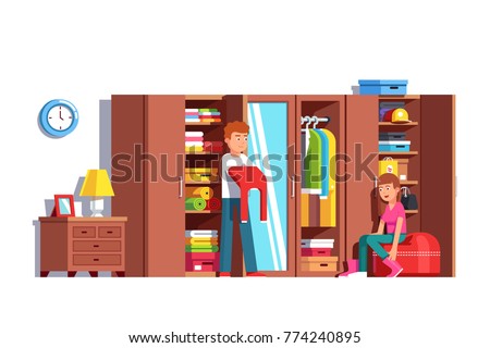 Family couple husband & wife getting dressed together at home wardrobe. Man putting on clothes, woman taking off boots. Dressing room with big full closet. Flat vector illustration isolated on white.