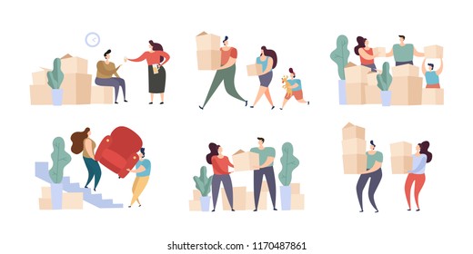 Family Couple with Kid and a New Home Moving Day. Cardboard Box with Various Things from House for Moving, Delivery Package Relocation. Flat Vector Illustration
