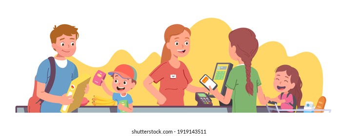 Family couple with kids cashing out supermarket store groceries. Cashier ringing out food, taking phone wireless payment with NFC POS at cashier checkout counter cash register flat vector illustration