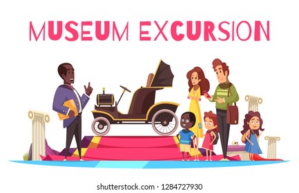 Family couple with kids and guide near old cabriolet during excursion of ground transportation museum vector illustration