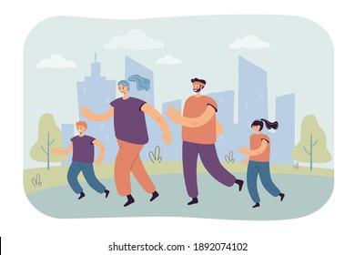 Family couple with kids jogging in city park. Parents and children training for marathon. Vector illustration for family outdoor activity, sport, running, lifestyle concept