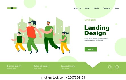Family couple with kids jogging in city park. Parents and children training for marathon. Vector illustration for family outdoor activity, sport, running, lifestyle concept