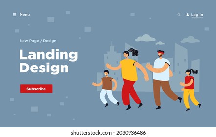 Family couple with kids jogging in city park. Parents and children training for marathon. Vector illustration for family outdoor activity, sport, running, lifestyle concept