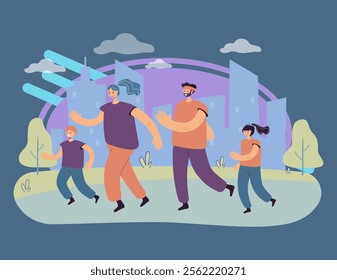 Family couple with kids jogging in city park. Parents and children training for marathon. Vector illustration for family outdoor activity, sport, running, lifestyle concept