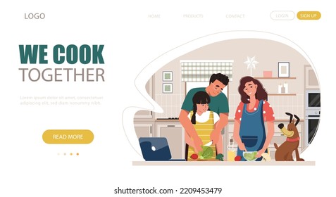 Family couple with kids and pets cooking together in the kitchen vector website design template. Cook at home, serving table, recipe concept illustration. People preparing homemade food landing page.