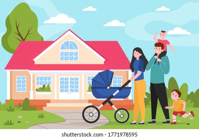Family couple with kids and stroller walking to suburban house. Parents and children walking home flat vector illustration. Real estate concept for banner, website design or landing web page