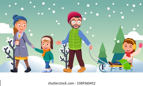 Family couple with kids walking outdoor. Mother holding son hand father pulling sled with sitting daughter. Winter season park outing activity. Falling snow weather. Flat vector character illustration