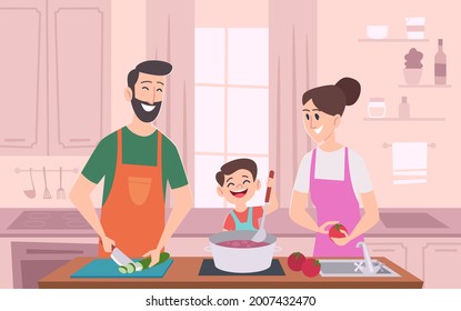 Family couple kitchen. Kids with parents preparing food and serving table at kitchen exact vector cartoon background