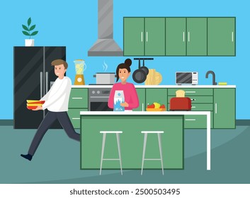 Family couple in the kitchen. Man runs with plates. Vector illustration in flat style.