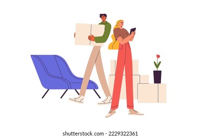 Family couple leaving house, carrying boxes. Husband taking cardboard packages for moving to new home, relocation, wife checking list of things. Flat vector illustration isolated on white background