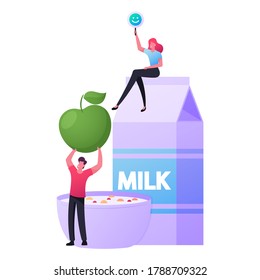Family Couple Lifestyle. Tiny Male and Female Characters Cooking Healthy Breakfast Together Having Fun. Woman Sitting on Huge Milk Package, Man Holding Fresh Apple. Cartoon People Vector Illustration