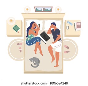 Family couple lying on the bed using mobile phone and laptop computer, flat vector top view illustration. Bedroom interior, young man and woman with modern gadgets, pet cat lying on the bed.