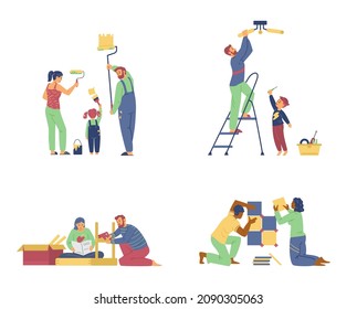 Family and couple making home repair together vector flat illustration. Set of various people doing apartment renovation. Black couple installing tiles, family painting walls and assemble furniture.