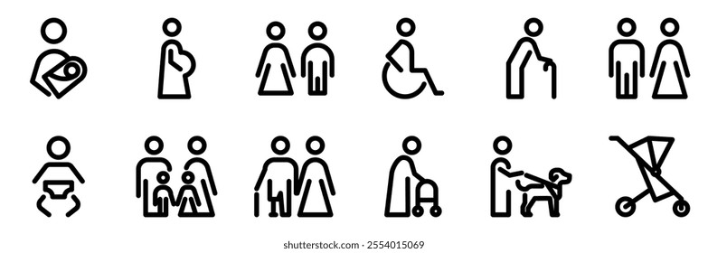 Family, couple, man, guide dog, wheelchair, stroller, mother and baby, disabled, elderly person, pregnant  line icon vector set. Editable stroke 