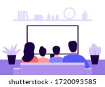 Family couple man, woman and children sitting on sofa at home and watching TV news, back view. Living room interior. Rest, recreation, spending time on isolation and quarantine. Vector illustration