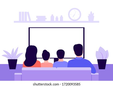 Family couple man, woman and children sitting on sofa at home and watching TV news, back view. Living room interior. Rest, recreation, spending time on isolation and quarantine. Vector illustration