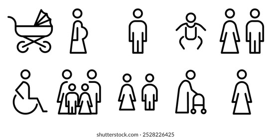 Familia, pareja, hombre, mujer, silla de ruedas, cochecito, bebé, recién nacido, niños, persona mayor, línea embarazada icono conjunto de Vector