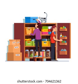 Family Couple Man & Woman Working Together Putting Boxes To Home Pantry Or Cellar Cupboard Shelves. Storage Room Things And Bottles. Flat Style Cartoon Vector Illustration Isolated On White Background