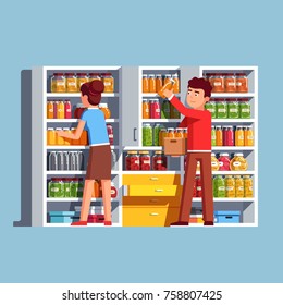 Family couple man & woman working together putting bottles to home pantry or cellar cupboard shelves. Storage room things and bottles. Flat cartoon vector isolated illustration.