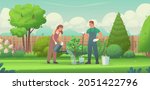 Family couple is planting a tree in the backyard garden of the house. Man and woman gardeners. Country life. Gardening. Growing plants. Vector illustration in flat style