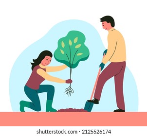 A family couple is planting a tree sapling. The man is digging with a shovel. The woman helps. Caring for nature and ecology. Vector flat illustration