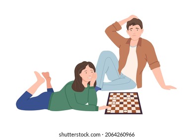 Family couple playing checkers board game together cartoon vector illustration