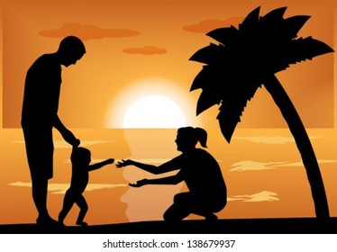 family, couple plays with a child at sunset next to a palm tree