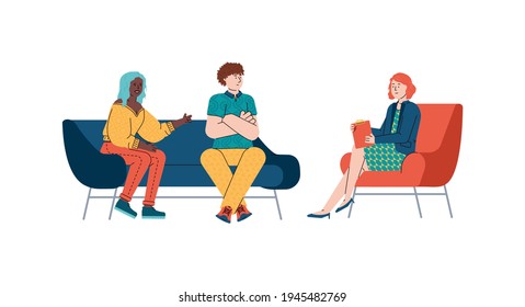 Family couple psychologist session flat cartoon vector illustration isolated.