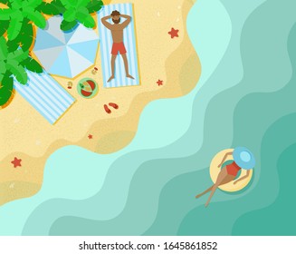 Family couple relaxing on beach. Lady floating on rubber ring in sea waves. Vector illustration organized in layers for easy editing