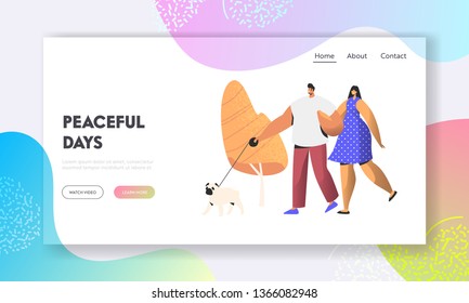 Family Couple Relaxing Promenade in Park. Young People Characters Walking with Pet in Public City Park. Man and Woman with Dog. Website Landing Page, Web Page. Cartoon Flat Vector Illustration, Banner