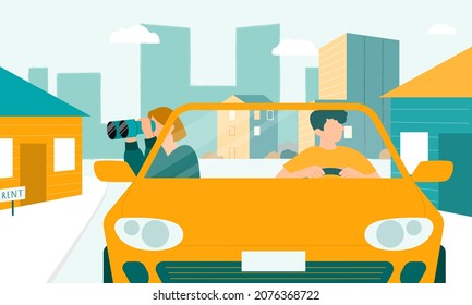 Family Couple Riding By Car Over The Neighborhood Searching A Home To Rent Or Buy. House Hunting And Searching The Rental Property. Real Estate Offers For Residential Apartment.